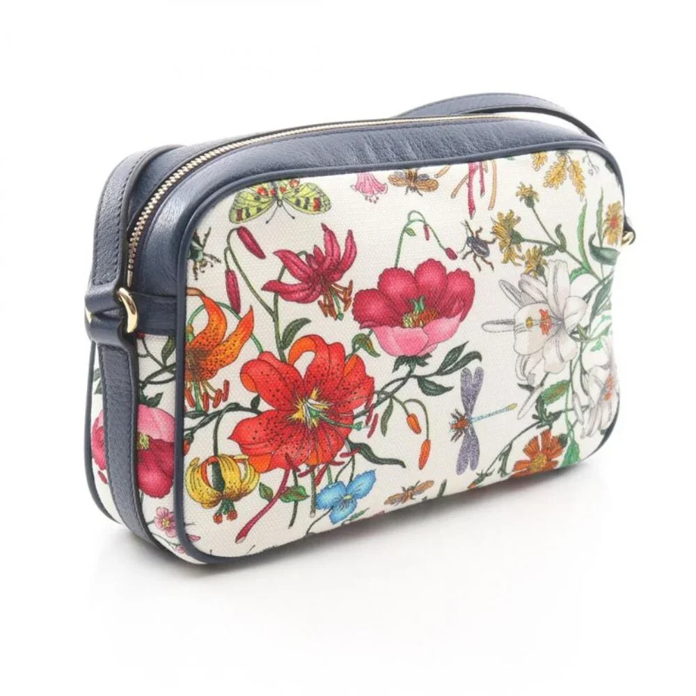 Gucci Shoulder Bag Flora White Navy Multi Floral Print Canvas Leather GG White - Picture 2 of 9